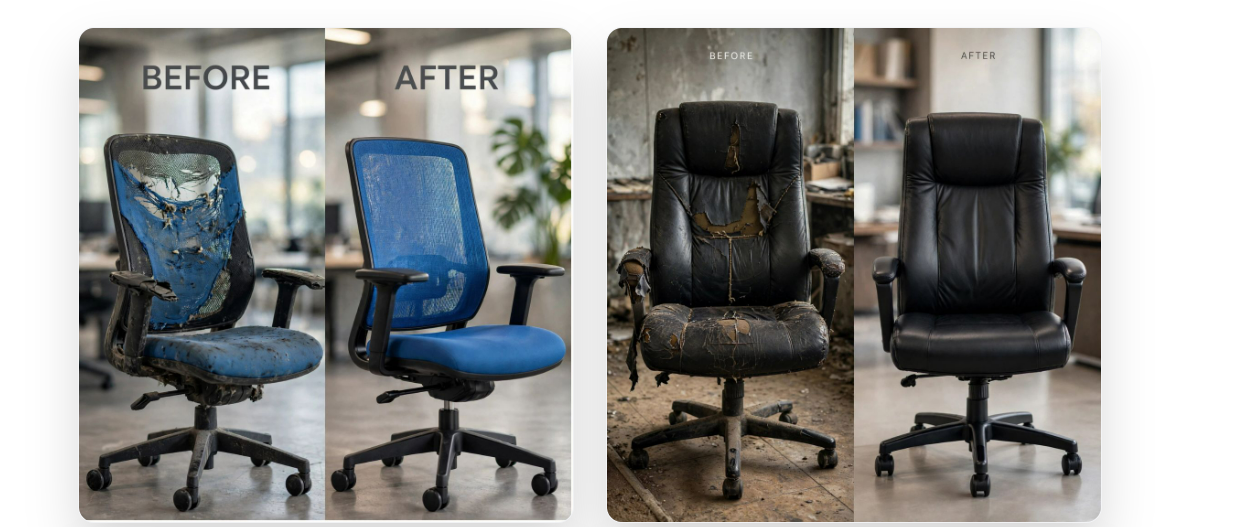 Before-and-after comparisons of a worn blue mesh chair and a damaged black office chair.