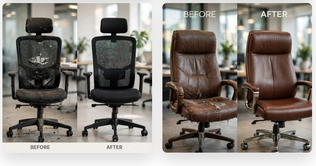Before-and-after comparisons of a worn black mesh chair and a damaged brown leather office chair.