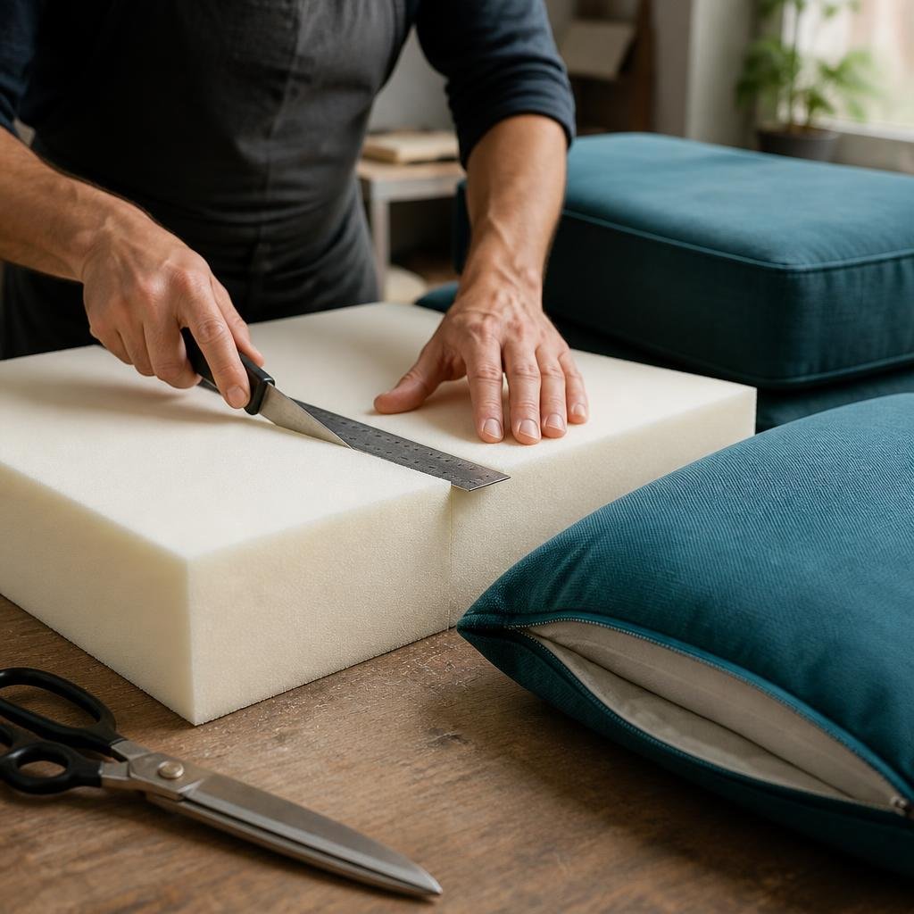 Upholstery artisan measuring high-density foam for a custom sofa cushion