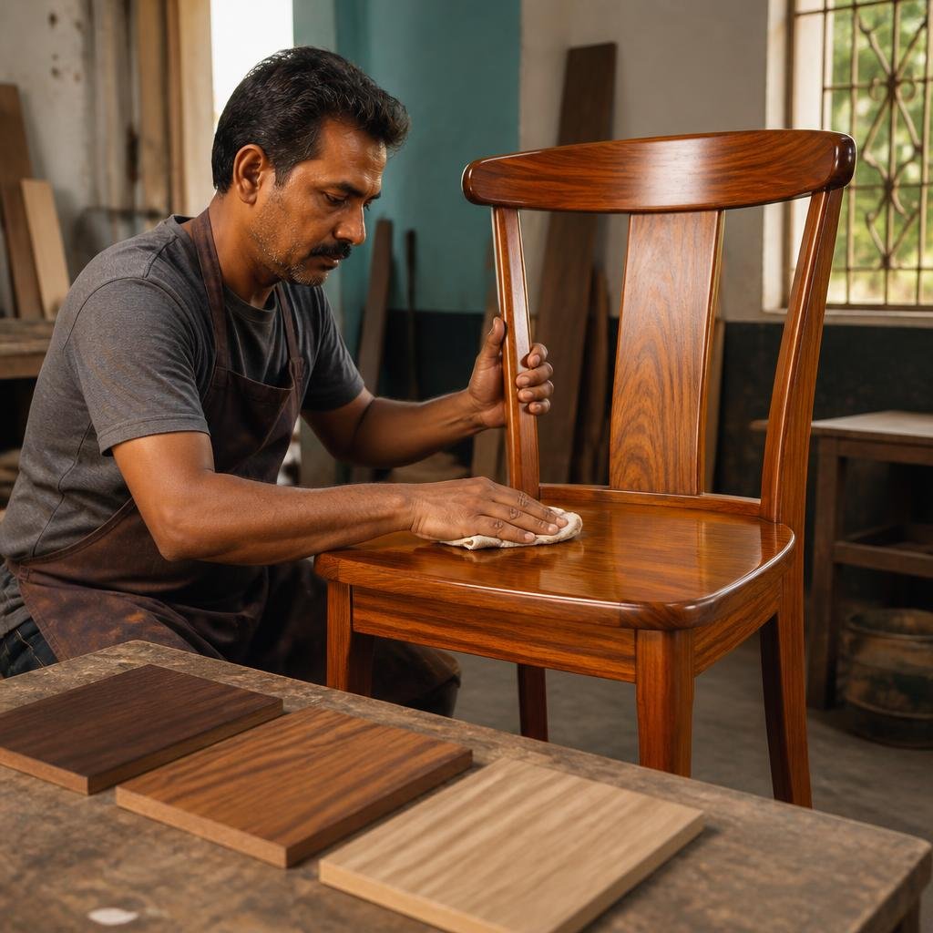 Furniture finisher applying a careful satin polish to a wooden dining chair
