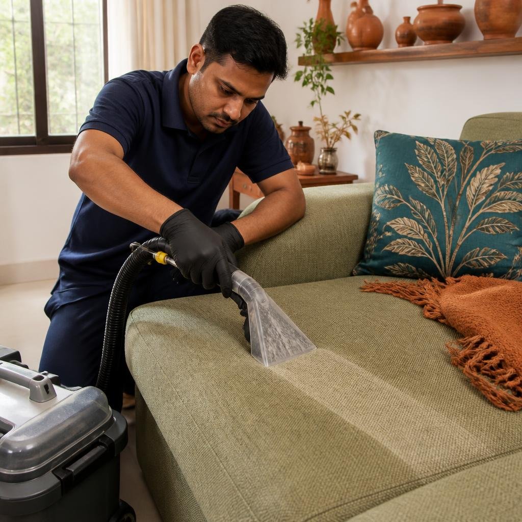 Upholstery technician carefully using an extraction machine on a sofa cushion